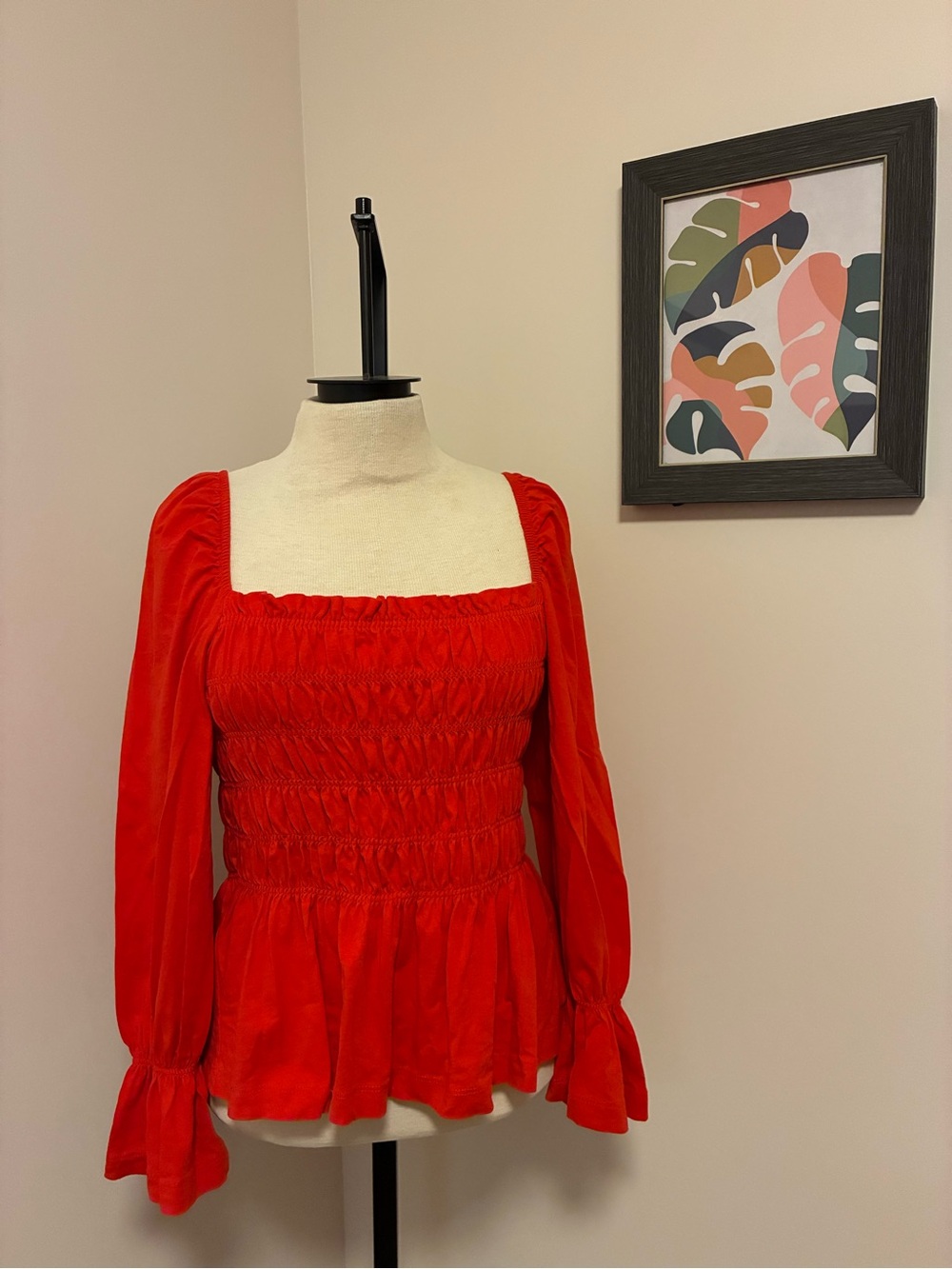 H&M Red Smocked Puff-Sleeve Peplum Blouse